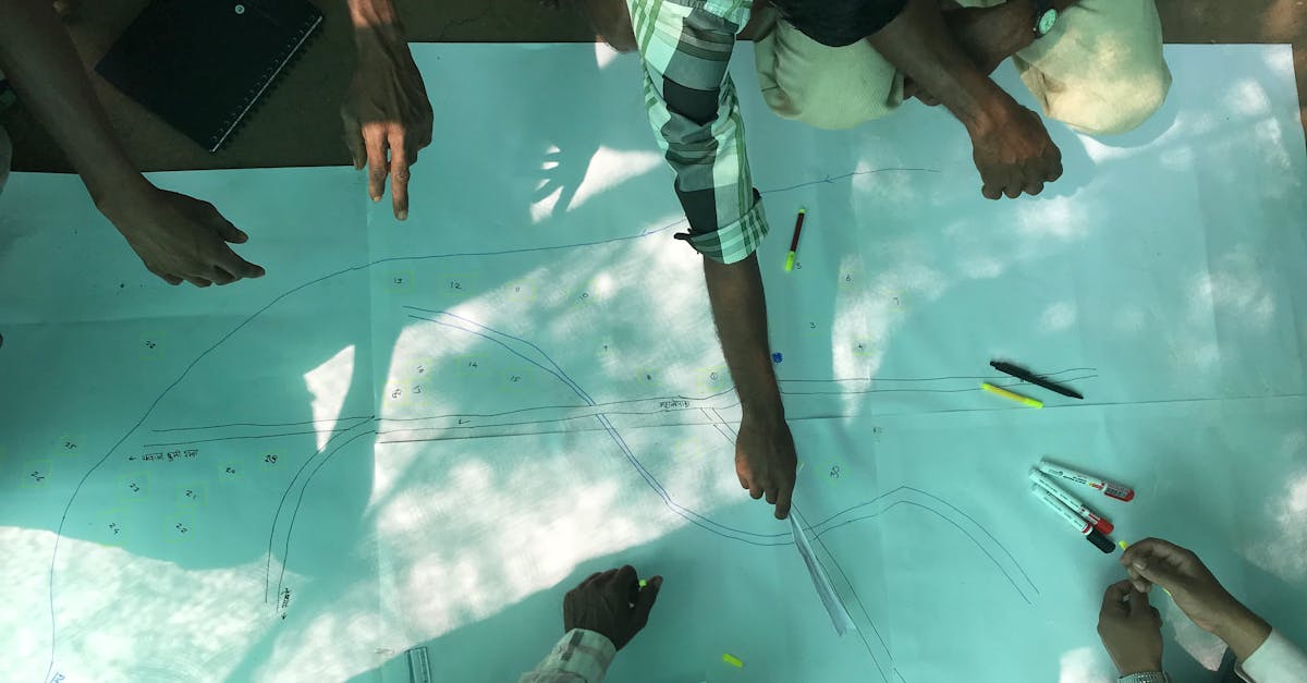 Group planning road design with drawings and tools outdoors.